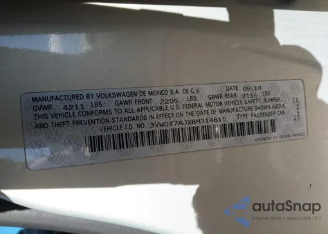 2011 Volkswagen Jetta 2.5L Se z USA, uszkodzony, nr VIN 3VWDX7AJXBM314815